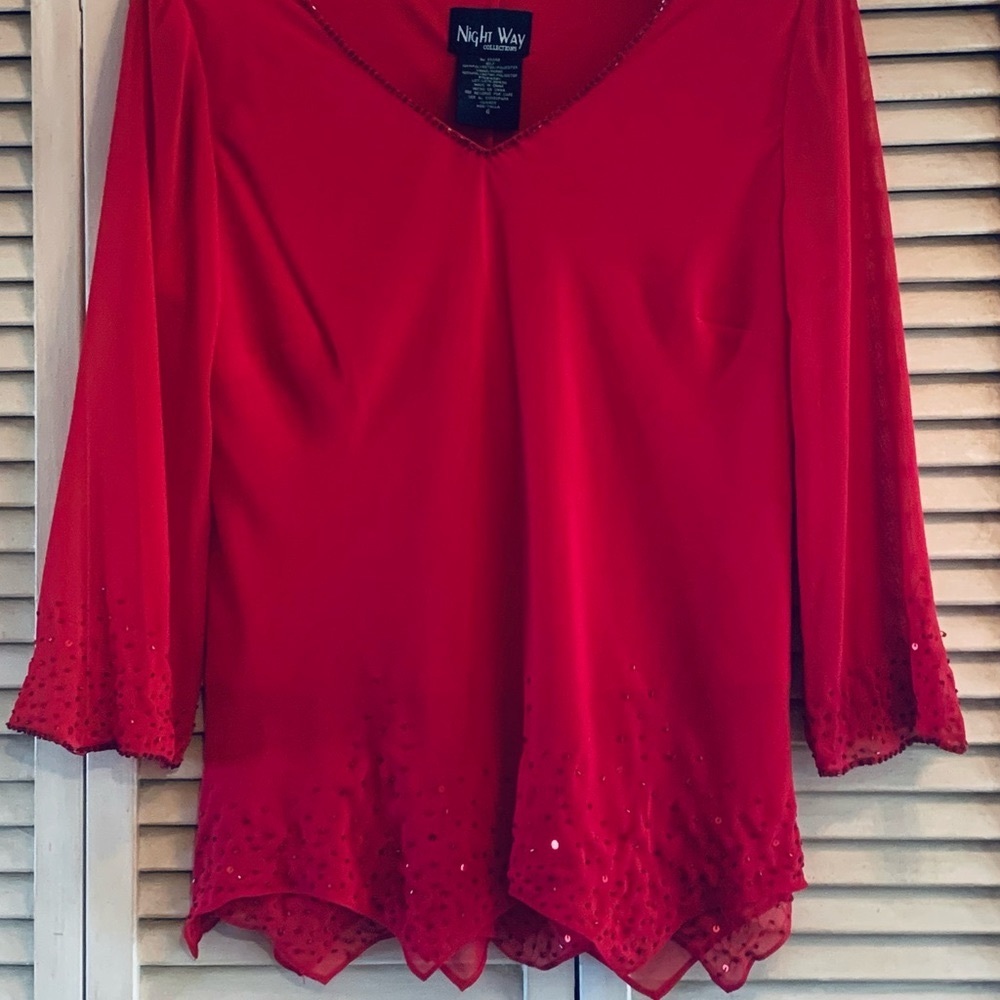 NWOT, Night Way Collections, Size 6, Dressy, Beaded V-Neck Blouse, Sheer Sleeves